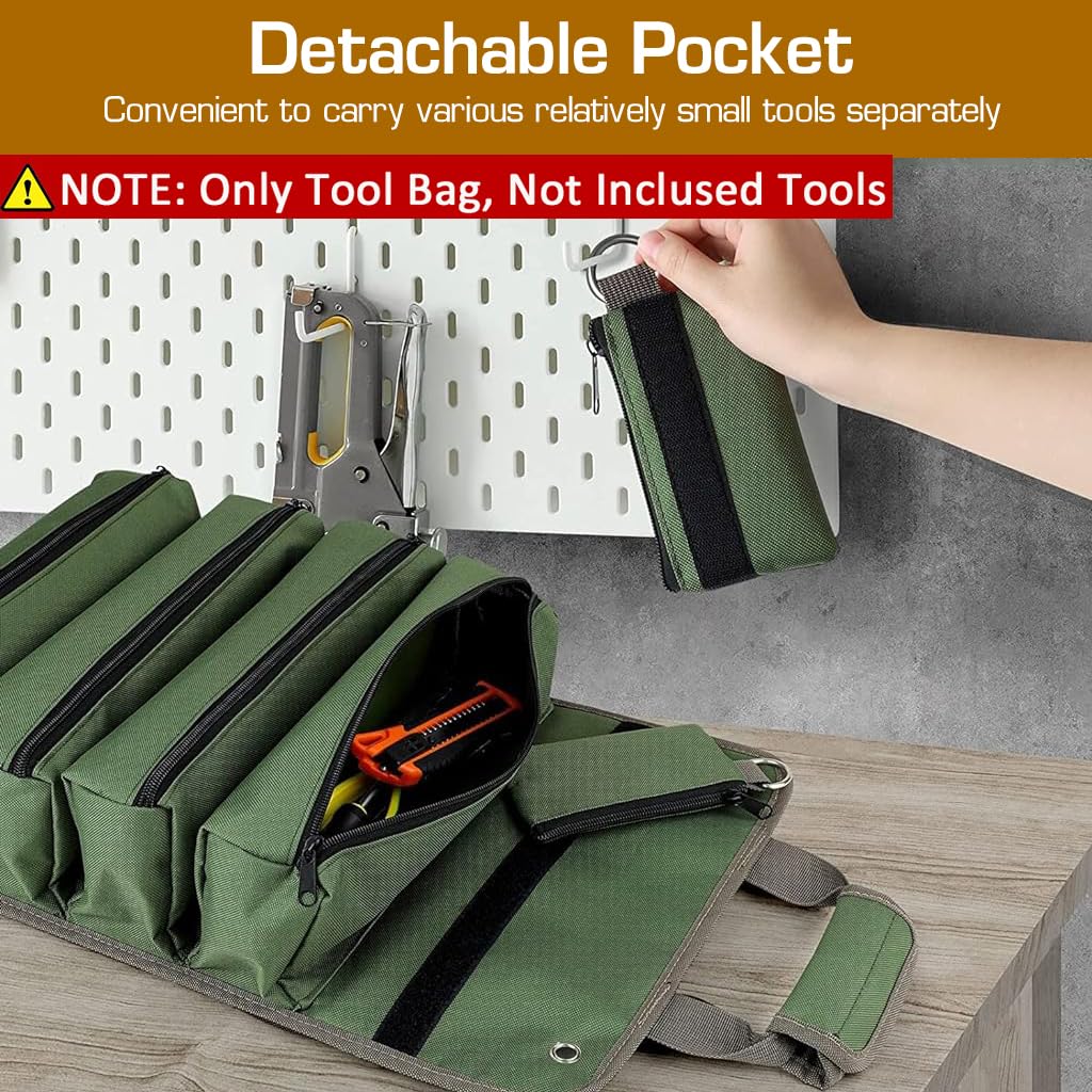 Serplex Tool Bag Tools Storage Bag Portable Roll Up Multi Compartment Tools Bag with Detachable Zipper Pouch, Tool Organizer Bag with Handle Tool Bag for Technicians, Mechanics(No Tools)