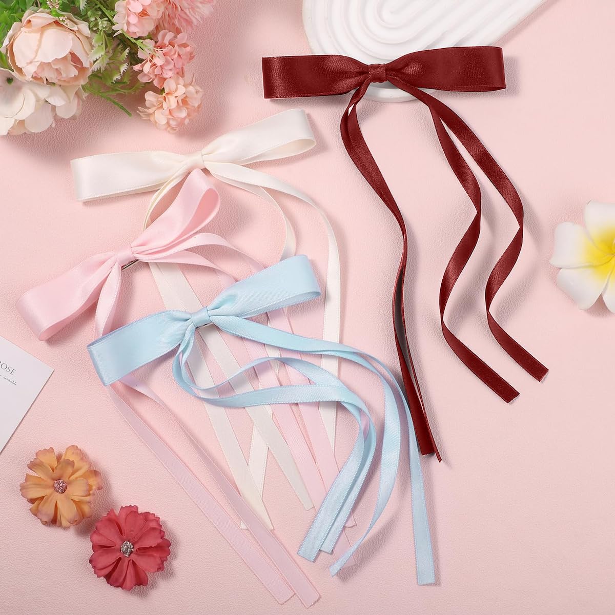 PALAY 4Pcs Bow Clips for Women Girls Bowknot Hair Clip Tassel Ribbon Hair Bows for Women Long Tail Barrettes Hair Accessories for Ponytail, Fishtail Braid, Updo