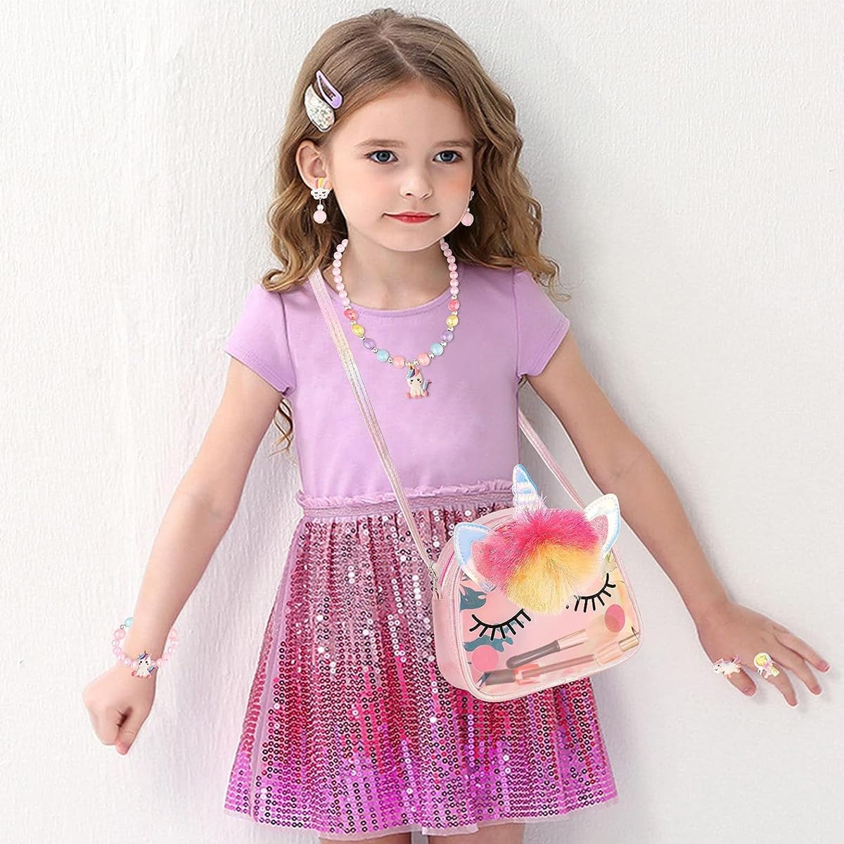 SANNIDHI Unicorn Bag with Jewelry Set for Girls, Unicorn Princess Plush Crossbody Purse Beads Necklace Bracelet Earrings Rings Set, Kids Jewellery Party Dress up Gift