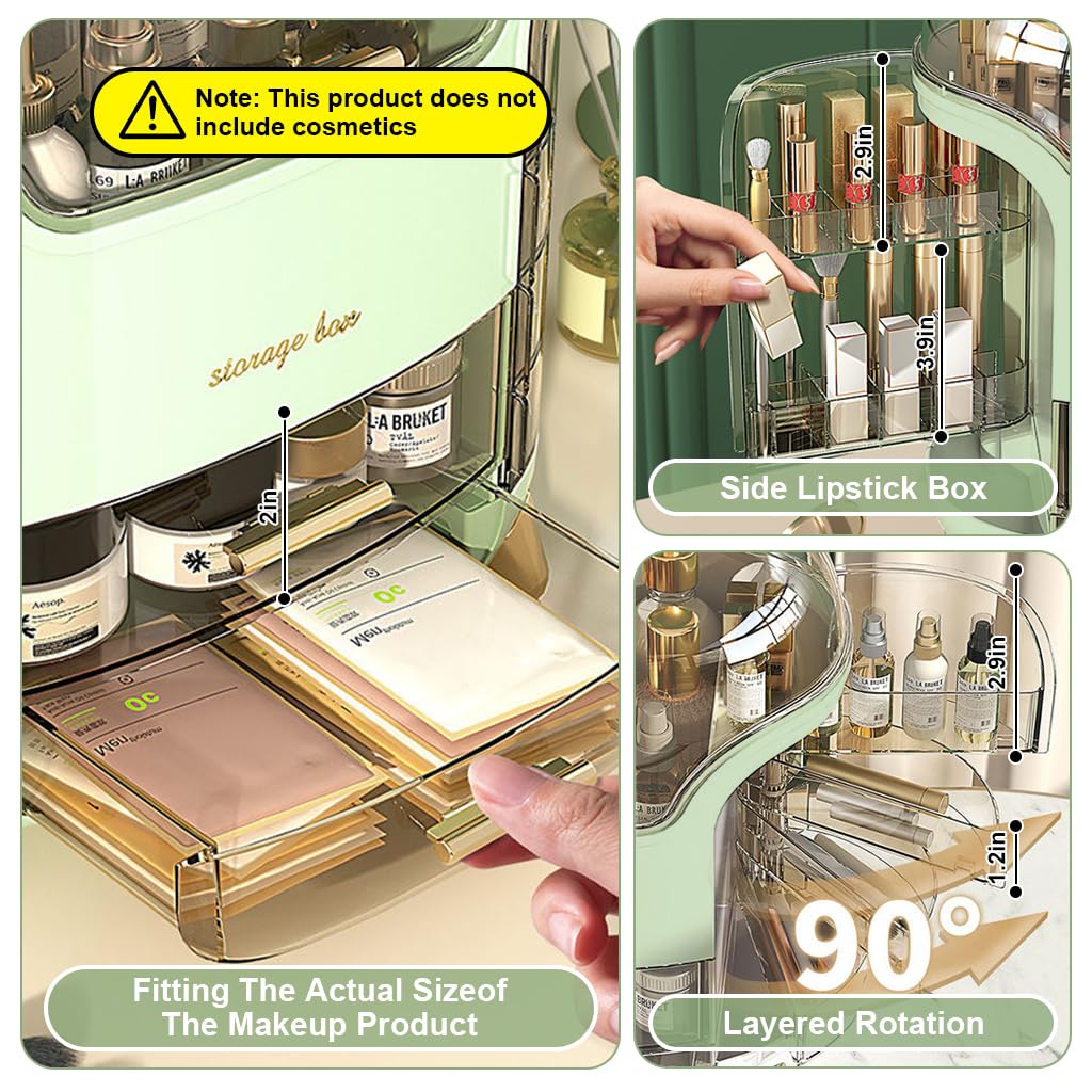 HANNEA Dressing Table Organizer Large Makeup Organizer Multi Layer Open Cosmetics Organizer Case with Lipstick Storage Slots, Drawers, Skincare Product Organizers Box for Dressing Table (Green)