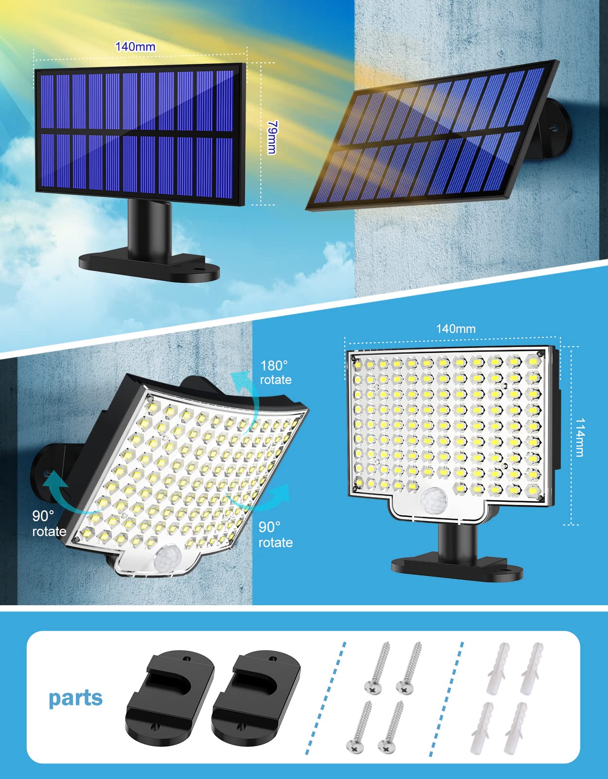 ELEPHANTBOAT 106 LED Motion Sensor Solar Light Outdoor Waterproof IP65, Solar Led Light for Outdoor with Remote Control, Solar Lights 120° Lightin Angle Solar Wall Lights with 5 m Cable
