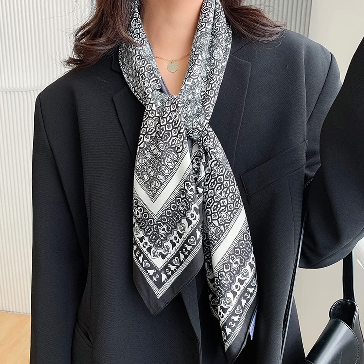 PALAY Scarf for Women Square Scarfs Satin Silk-Like Hair Scarves Wraps Headscarf (Black - B)
