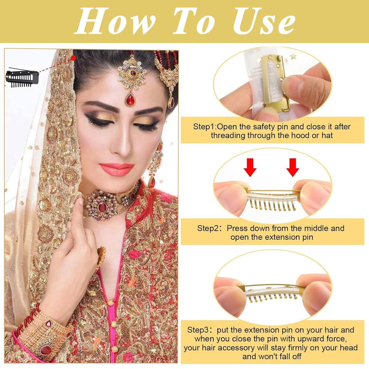 MAYCREATE 6pcs Chunni Clips Dupatta Clips for Hair, Dupatta Pin for Bride Veil, Strong Grip Stainless Steel Bridal Dupatta Setting Clip with Safety Pins, Headscarf or Hair Extensions Clips