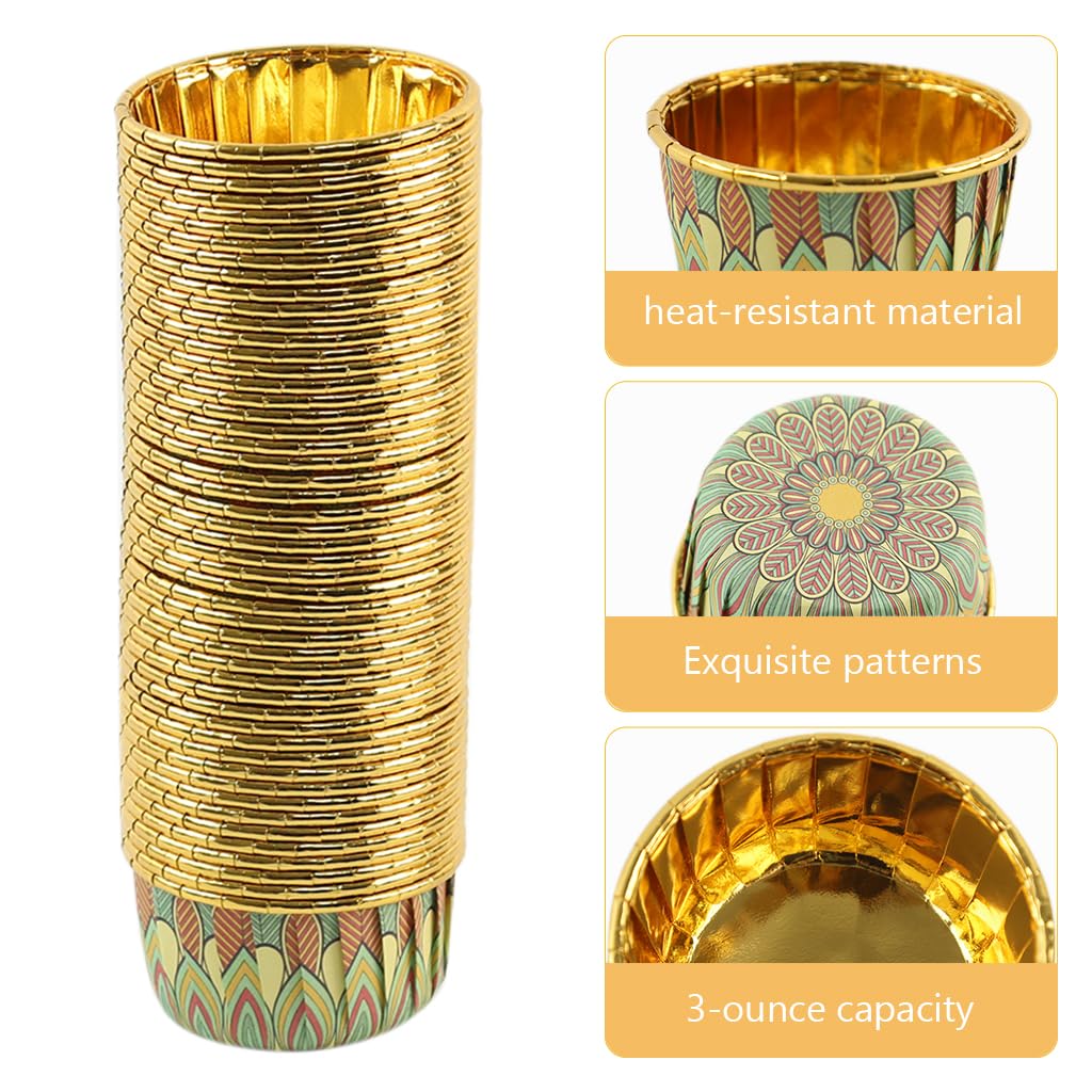 HASTHIP 50Pcs Mandala Print Golden Cupcake Liners, 3Oz Heat-Resistant Baking Cups, Foil Cupcake Liners Little Baking Cups for Weddings, Birthdays, Baby Showers, Party