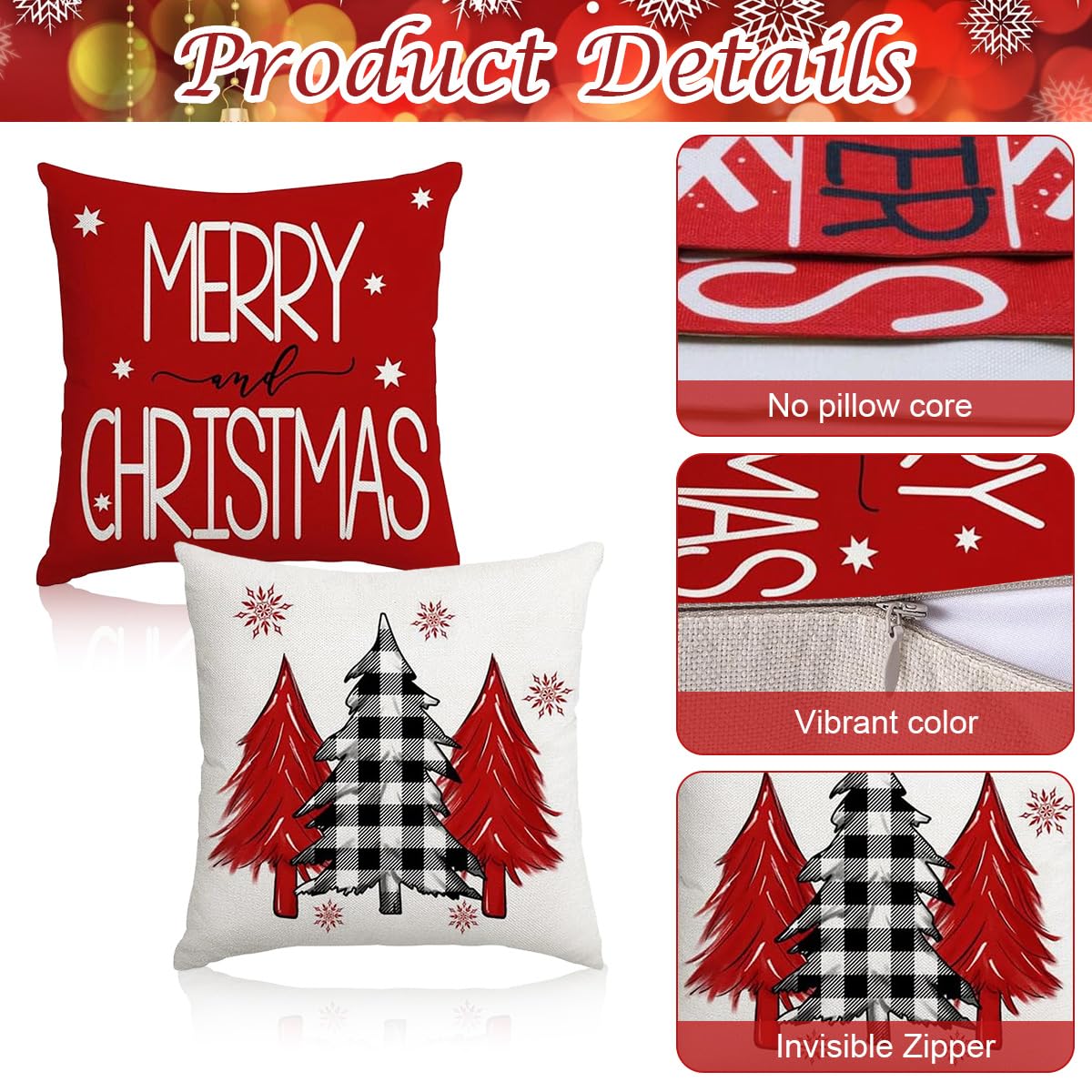 HASTHIP 4Pcs Christmas Square Pillow Covers 15.7 inches Square Linen Printed Pillow Cover Classic Christmas Sofa Pillow Covers Square Pillow Covers for Christmas