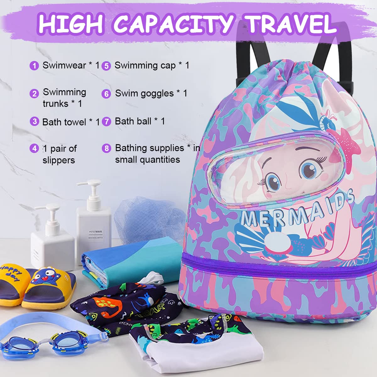 PALAY Swimming Bag for Kids Cartoon Print Shoulder Bag for Kids Large Capacity Backpack for Girls Wet Dry Separation Beach Bag Storage Bag for Clothes, Swimming Goggles