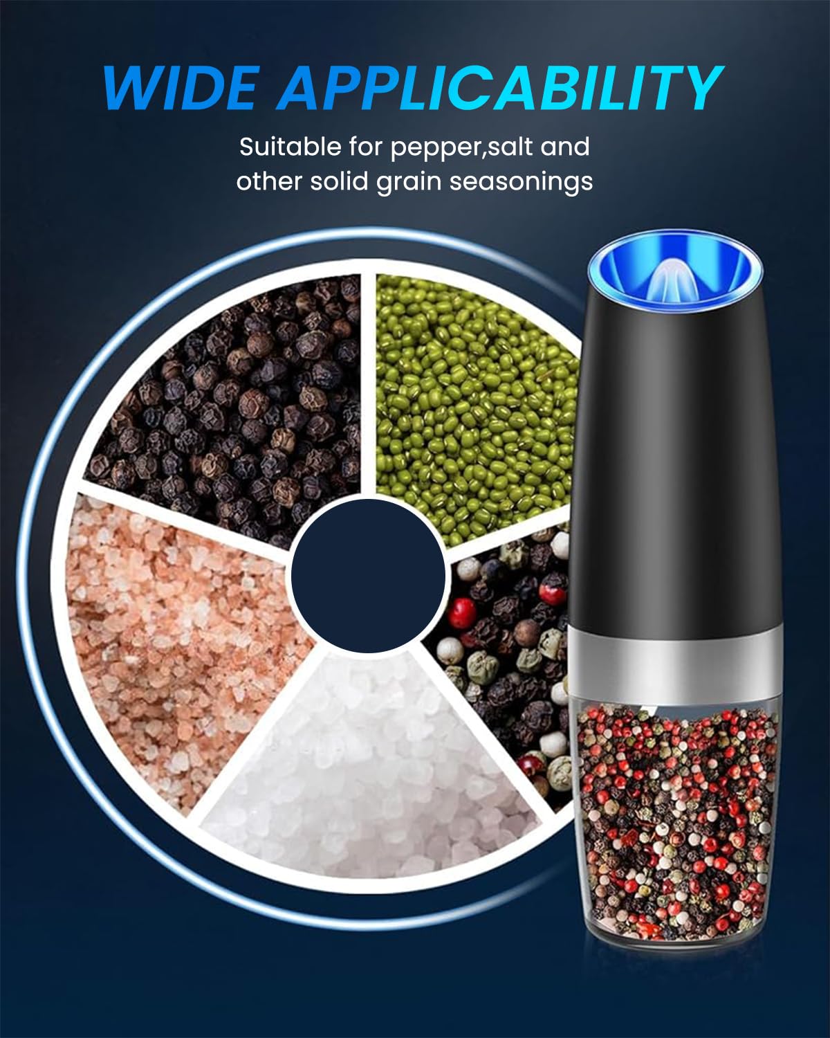 Supvox Gravity-Operated Electric Black Pepper/Salt Mill with Ceramic Core & LED Light, Adjustable Coarse Setting, Stainless Steel, Ideal for Kitchen & Dining, Battery-Operated (Not Included) - Black