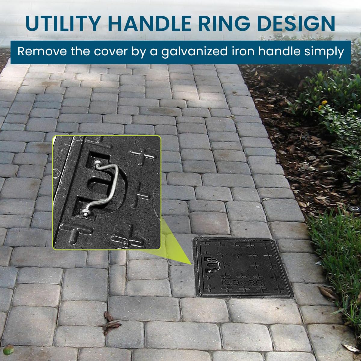 HASTHIP Square Manhole Cover - Lightweight Resin Manhole Cover with Folding Metal Handle, 11.8''x11.8''x1.37'' Square Inspection Chamber Cover for Urban Utility Access
