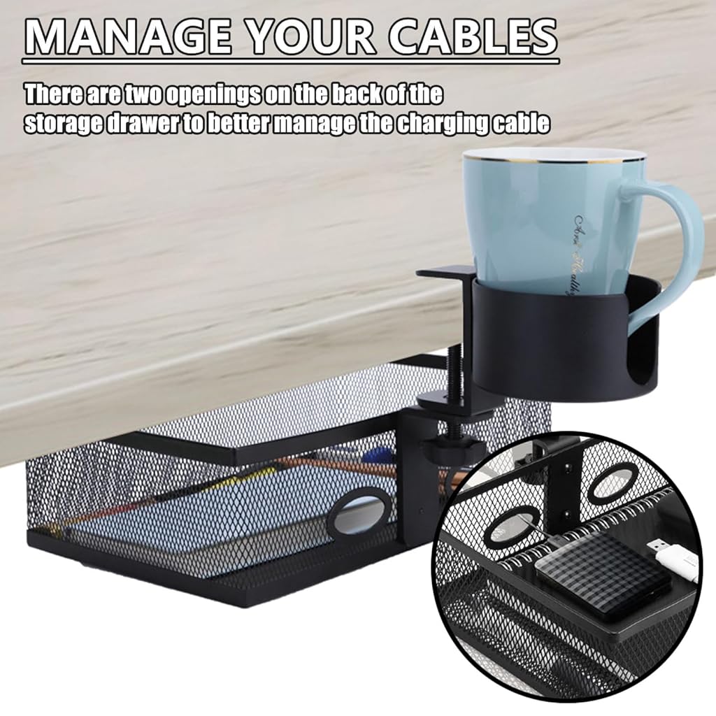 Climberty® RHBLME Black 360-Degree Under Desk Organizer with Cup Holder, Clamp-on Swivel Pencil Drawer Desk Hidden Extra Sturdy C-Clamp Mount System, Strong and Durable