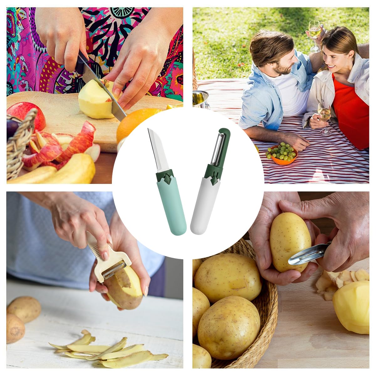HASTHIP 2 in 1 Stainless Steel Fruit Knife Peeler, Vegetable Peeler Dual-Use Knife for Potato Cucumber Carrot Scrapper Double Edge Serrated Portable Peeling