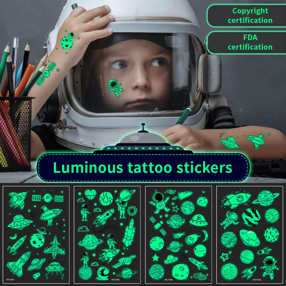 MAYCREATE 10 Sheets Waterproof Cartoon Temporary Tattoo Sticker Night Glow Sticker, Outer Space Astronaut Theme Cartoon Sticker for Boys Girls Party Sticker Party Supplies