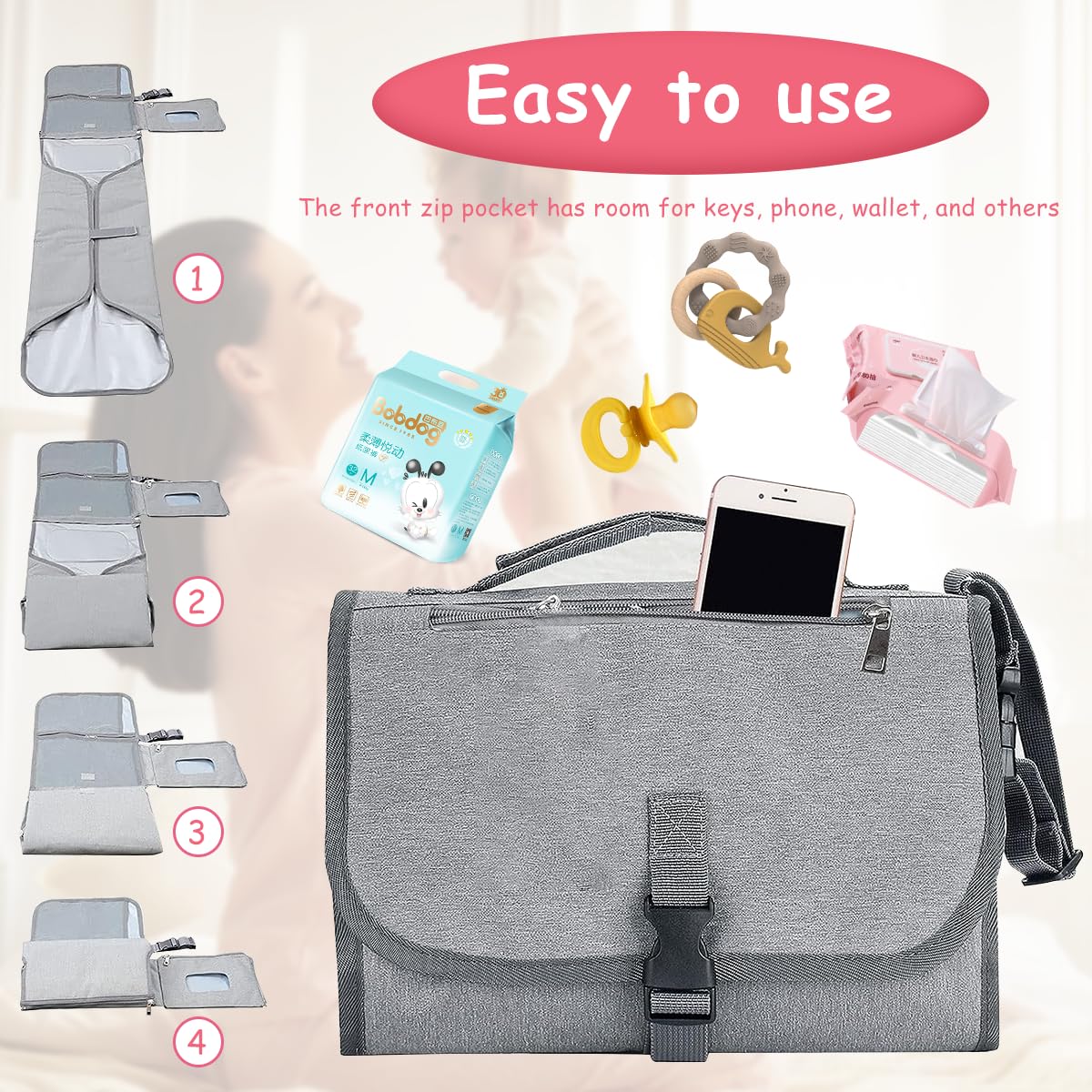SNOWIE SOFT Portable Diaper Changing Mats for Baby Waterproof 2 in 1 Diaper Changing Mat & Insulated Bag Essentials for Newborn Baby Diaper Bag with Detachable Shoulder Strap & Storage Pockets, Grey