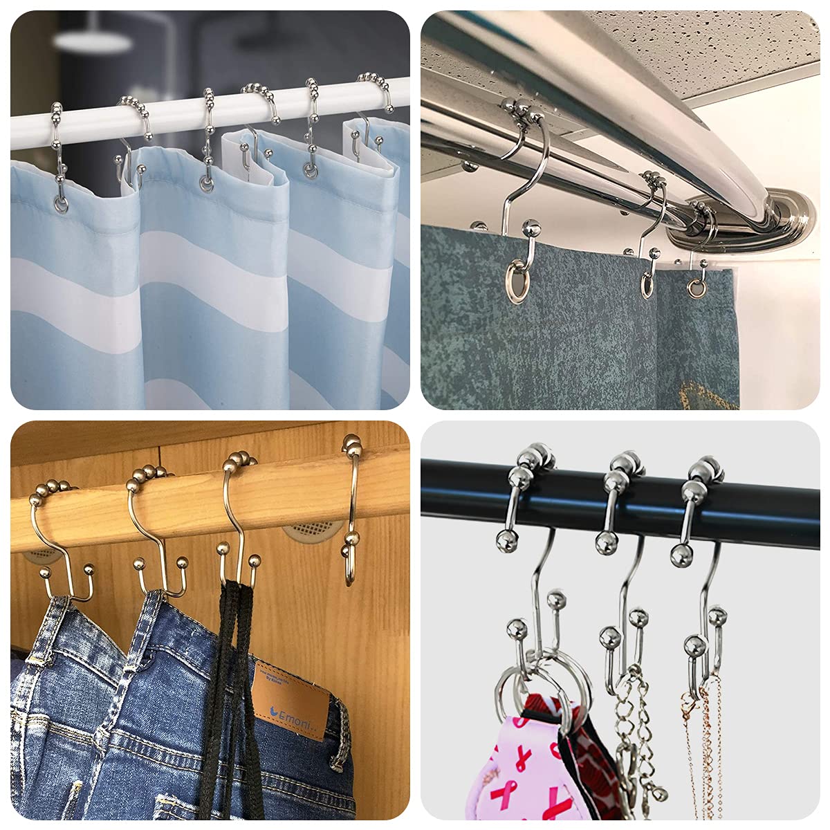 HASTHIP Bathroom Curtain Hooks,Stainless Steel Hook for Curtains,Rust-Resistant Metal Double Hooks Curtain Rings,Rolling Shower Curtain Hooks for Bathroom Shower Curtain Rods Curtains, Set of 10