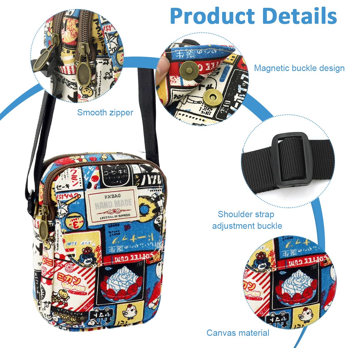 PALAY Cute Canvas Phone Sling Bag Small Casual Utility Bag Cartoon Vintage Print Crossbody Bag Phone Bag Multi Pocket Purse Bag Mini Mobile Pouch