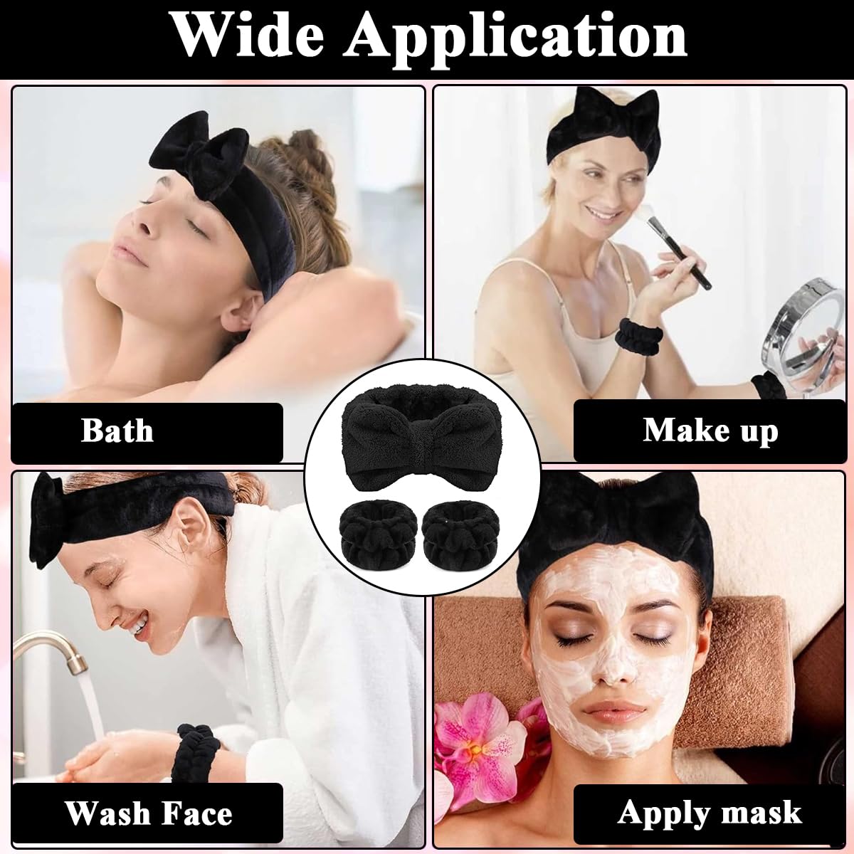 MAYCREATE Facial Headband for Women Skincare Spa Headband & Wrist Bands 3pcs Combo, Large Bow Face Wash Band Hairband, Flannel Hair Band for Makeup Sweat Wristband for Yoga, Fitness - Black