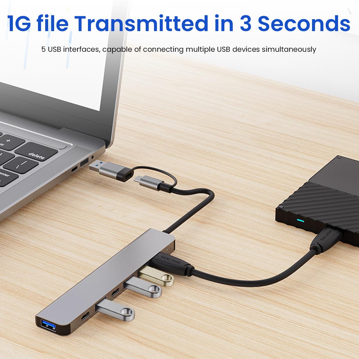 Verilux USB Hub USB C Hub with USB Adapter 7 in 1 USB Hub for Data Transfer Universal USB C Hub with USB 3.0 Port & 3 USB 2.0 Ports USB C Port Compatible with Laptop, MacBook Air, Mac Mini/Pro