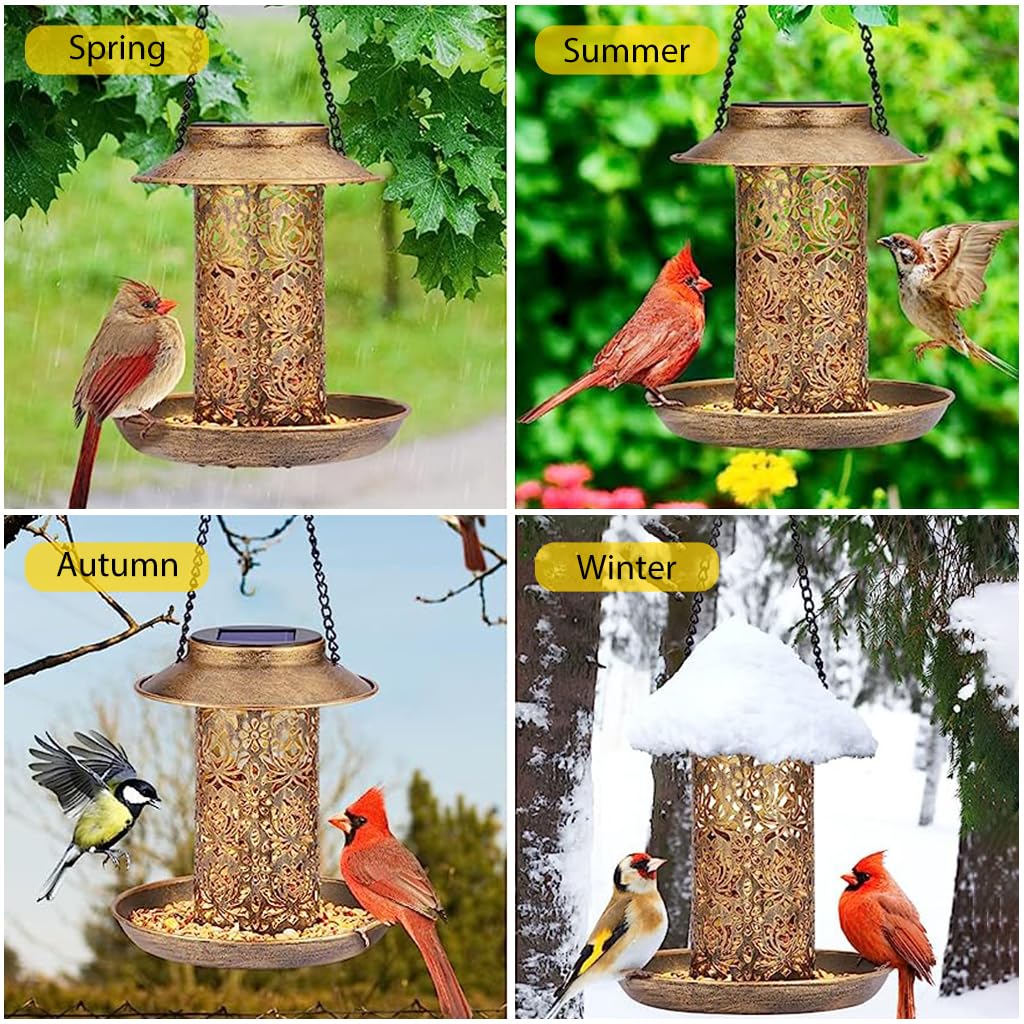 HASTHIP Solar Bird Feeder Garden Bird Feeder Lantern Outdoor Waterproof Hanging Bird Feeder Metal Hollowed Out Warm Light Bird Feeder for Garden, Patio