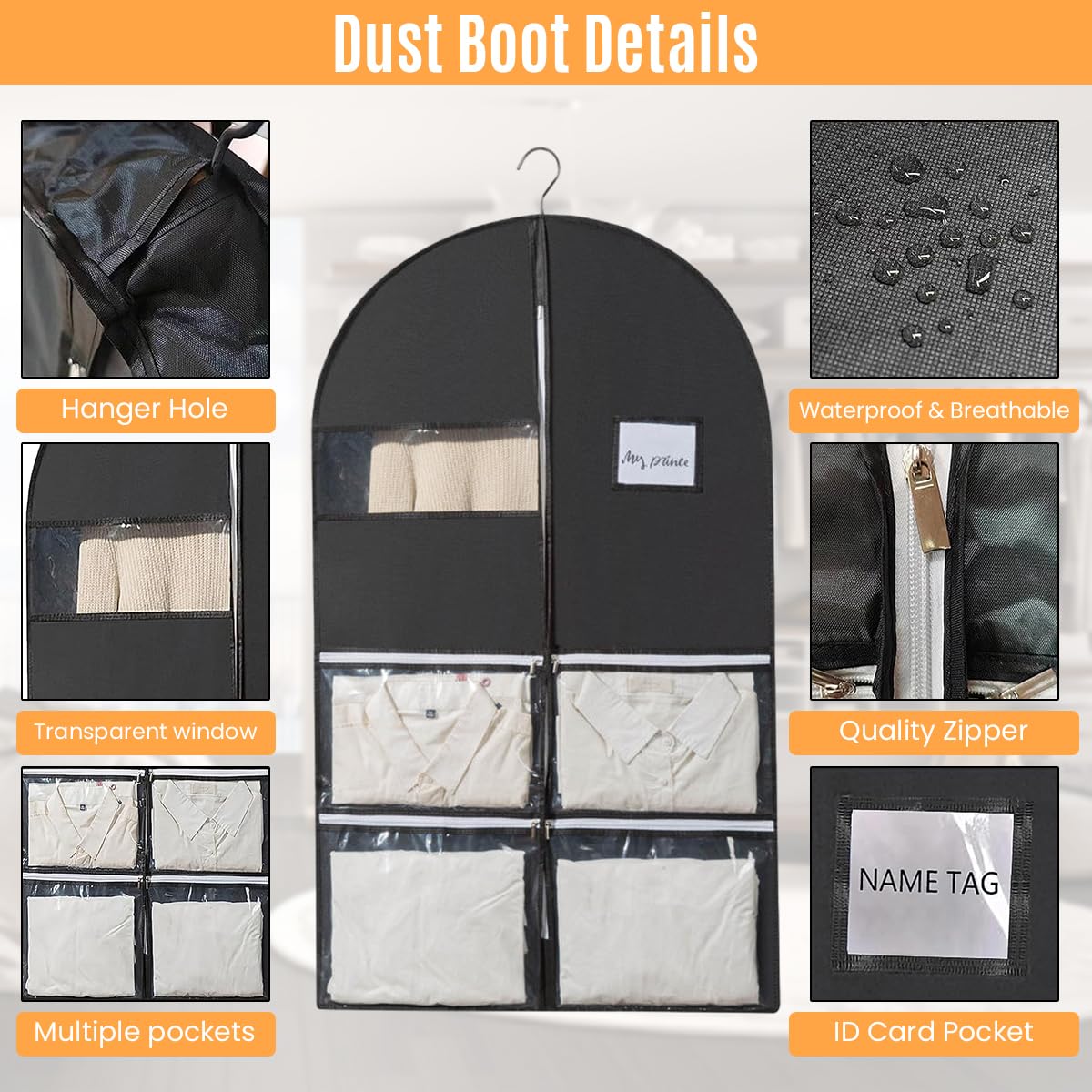 HASTHIP Garment Bag Dust Cover 49.2'' Long Dust Cover for Clothes, Non-woven Fabric Garment Cover with Clear Window and 4 Pockets Hanging Garment Bag for Clothes, Coats, Jackets, Suits, Shirts