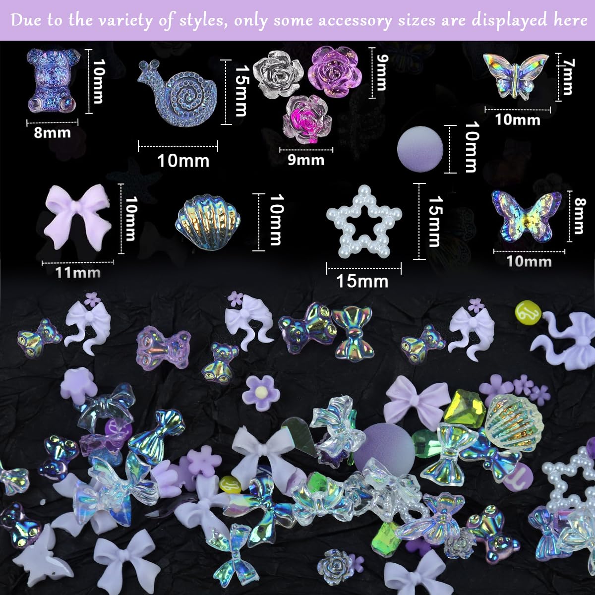 MAYCREATE 3D Mix Flower Nail Charms, Heart Flower Butterfly Acrylic Nail Gems Charms Mixed AB Resin Rhinestones Pearls Gold Rivets for Manicure DIY Crafts Accessories, Purple