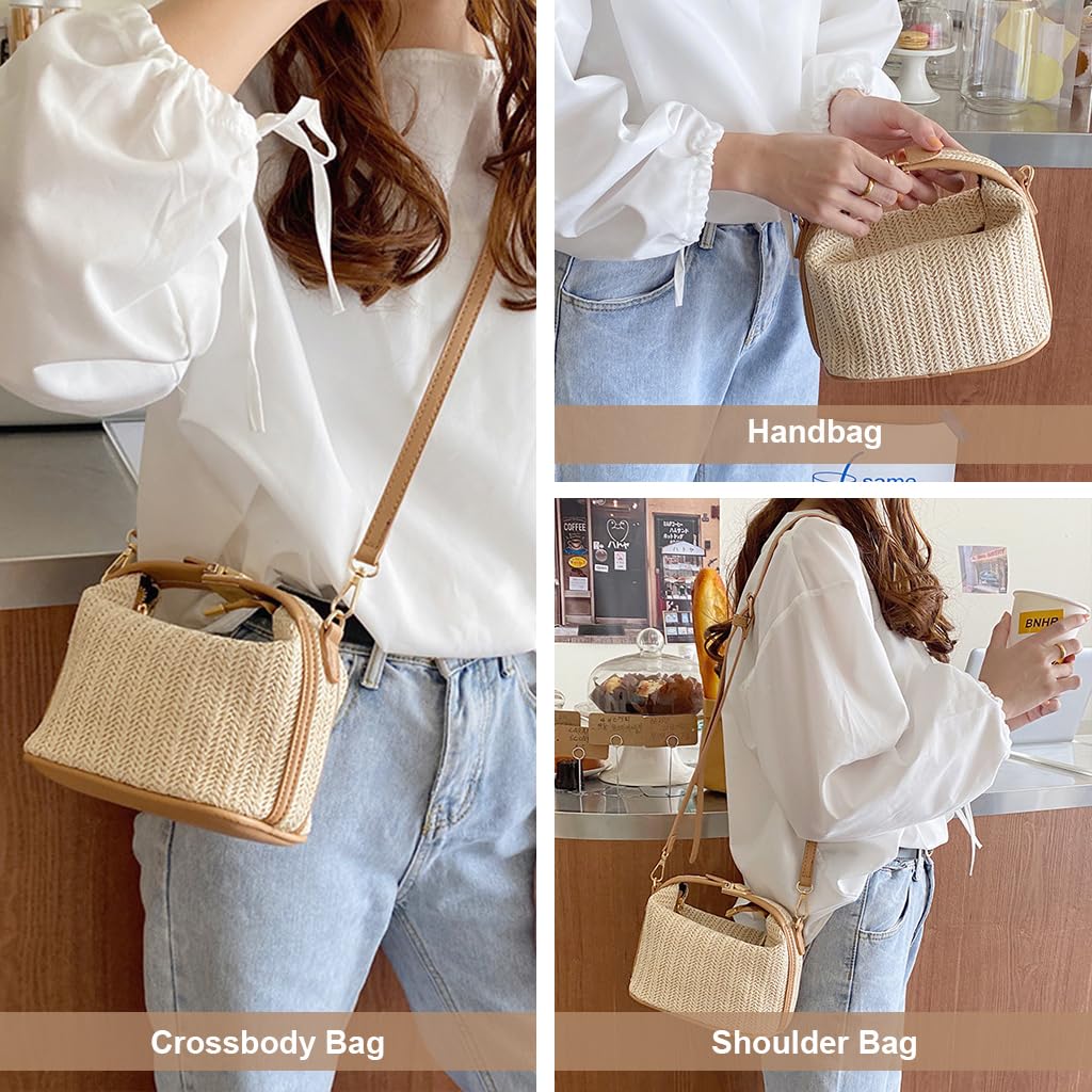 ZIBUYU Straw Bags for Women Beach Stylish Sling Shoulder Bag for Girls and Women Detachable Shoulder Belt Woven Straw Crossbody Bag Golden Hardware Buckle Design Handbag Bag - Beige
