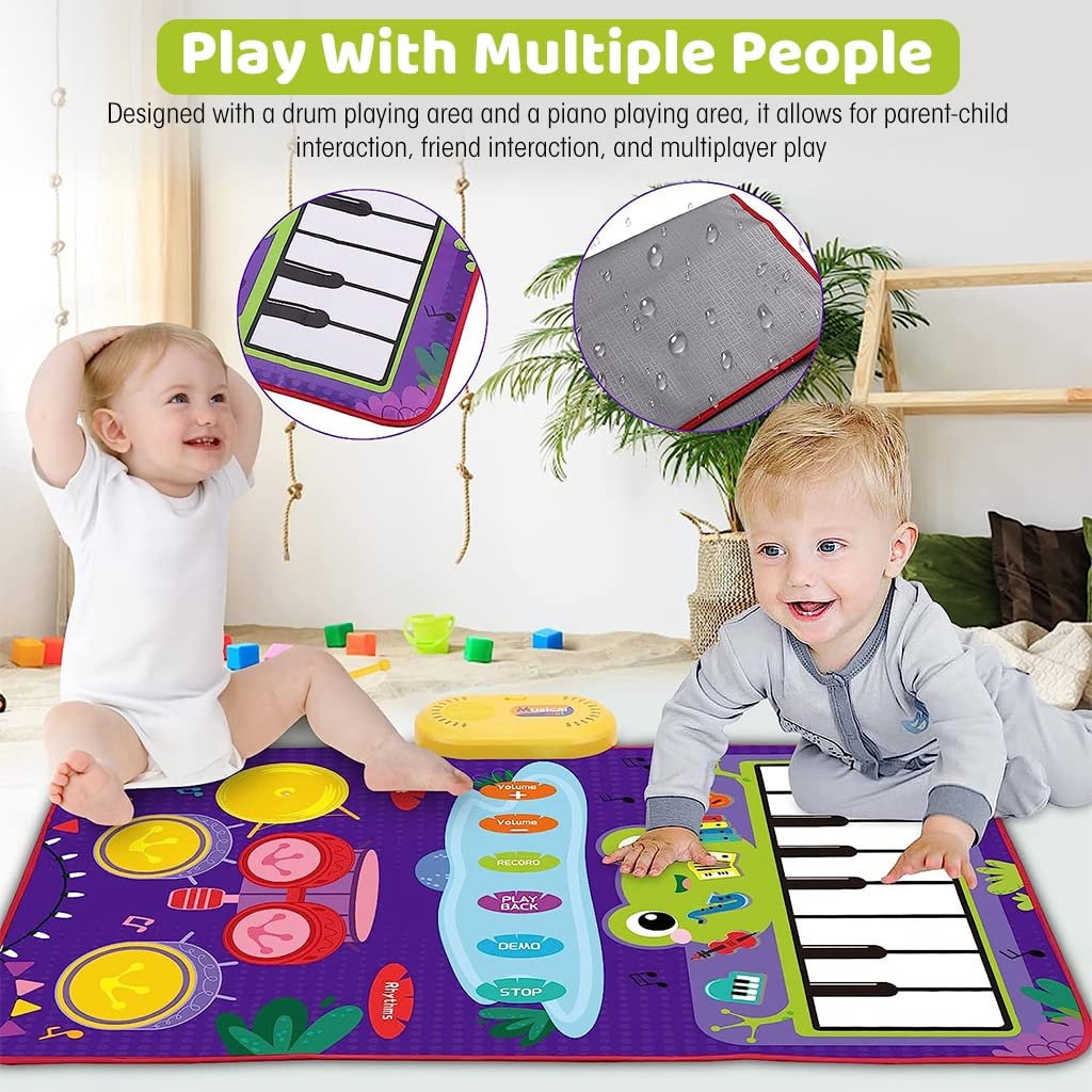 PATPAT Musical Mat for Kids 31.4x19.6 inch 2 in 1 Baby Piano Play Mat & Drum Musical Mat for Kids Musical Toys with 2 Drum Sticks Early Educational Toys Gifts for 1/2/3/4/5/6 Year Old Boys Girls
