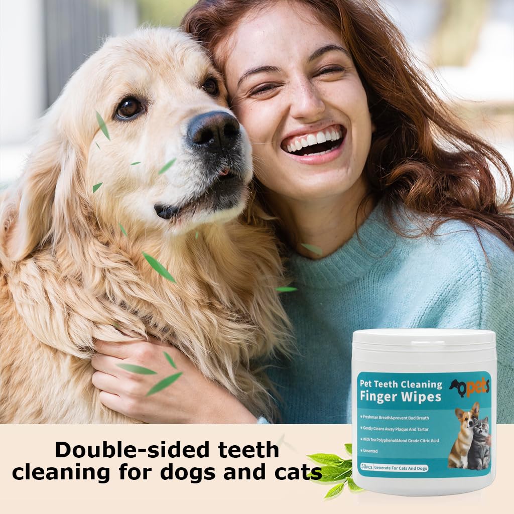 Qpets 50 Pcs Pet Wet Wipes, Disposable Dog Finger Toothbrush Cot Wipes Cat Teeth Cleaning Cover Finger Wet Wipes, Non-Woven Teeth Cleaning Wet Wipes Protecting Cat Dog Dental Health Oral Care