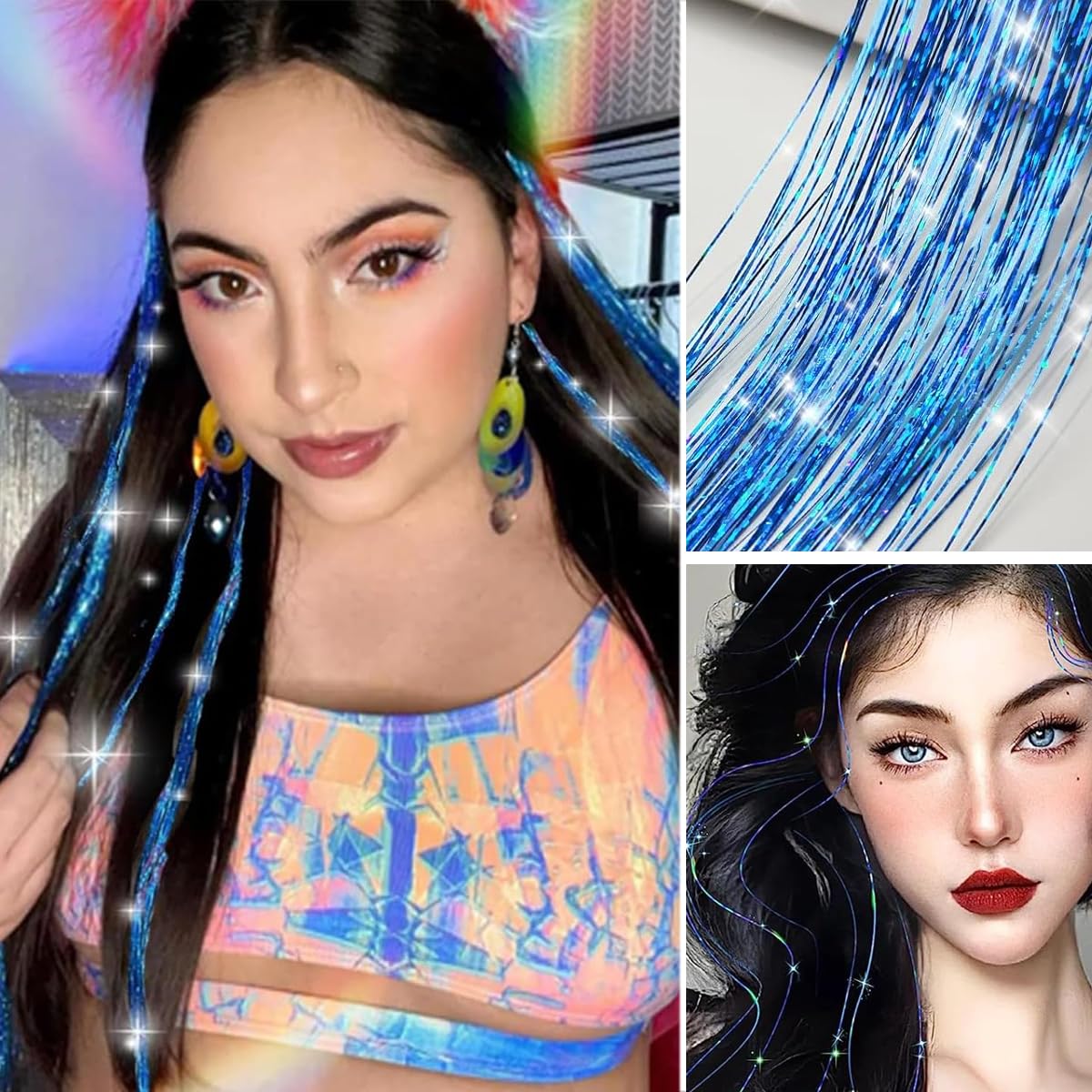 MAYCREATE Tinsel Hair Extensions Glitter Hair Tinsel Kit, Sparkling Fairy Styling Hair Tinsel Extensions with Tools (47 Inch, 12 Colors, 2400 Strands)