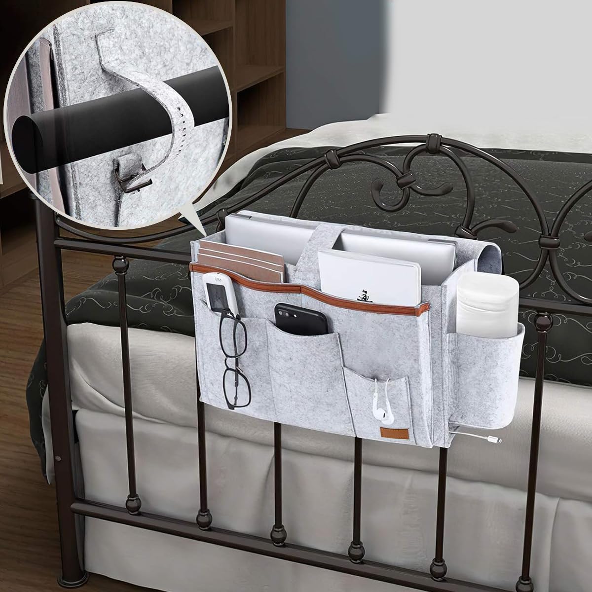 HASTHIP Bedside Caddy Bag, Felt Bedside Storage Bag with Pockets, Convinient Bed Sofa Desk Hanging Organizer Bag for Home College Dorm Bed Rails, Sofa, Bunk Beds