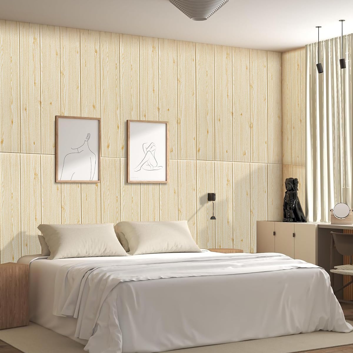 HASTHIP 6Pcs 3D Wall Stickers 27.5 Inches Square Beige Wooden Texture Wall Stickers Self-adhesive Wall Stickers for Home Decor Decorative Background Wall Stickers for Bedroom, Living Room