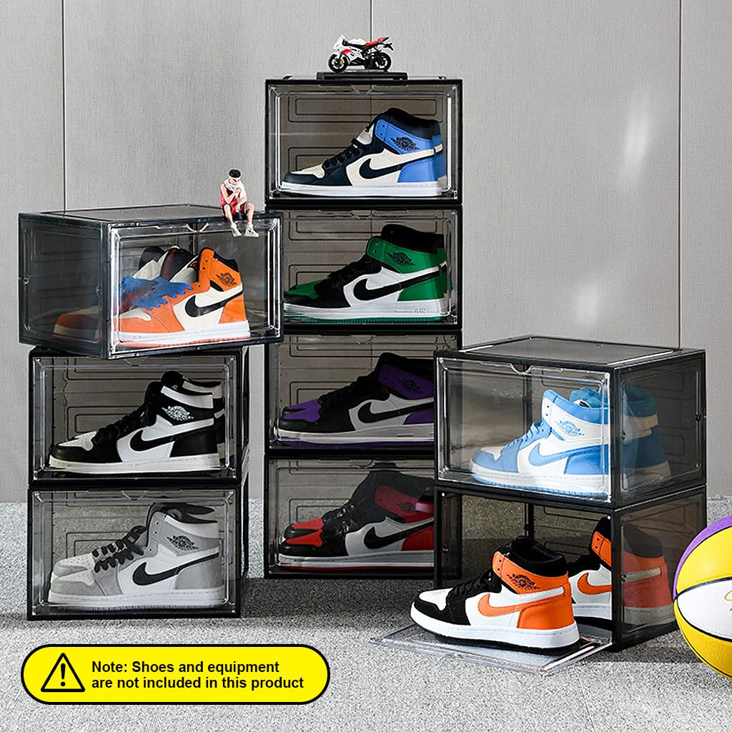 HANNEA Shoe Box Plastic Shoe Boxes Storage Separate Shoes Box with Magnet Door Stackable Shoe Organizer Universal Size Sneaker Shoe Box for Men Shoes Box for Women 4Packs