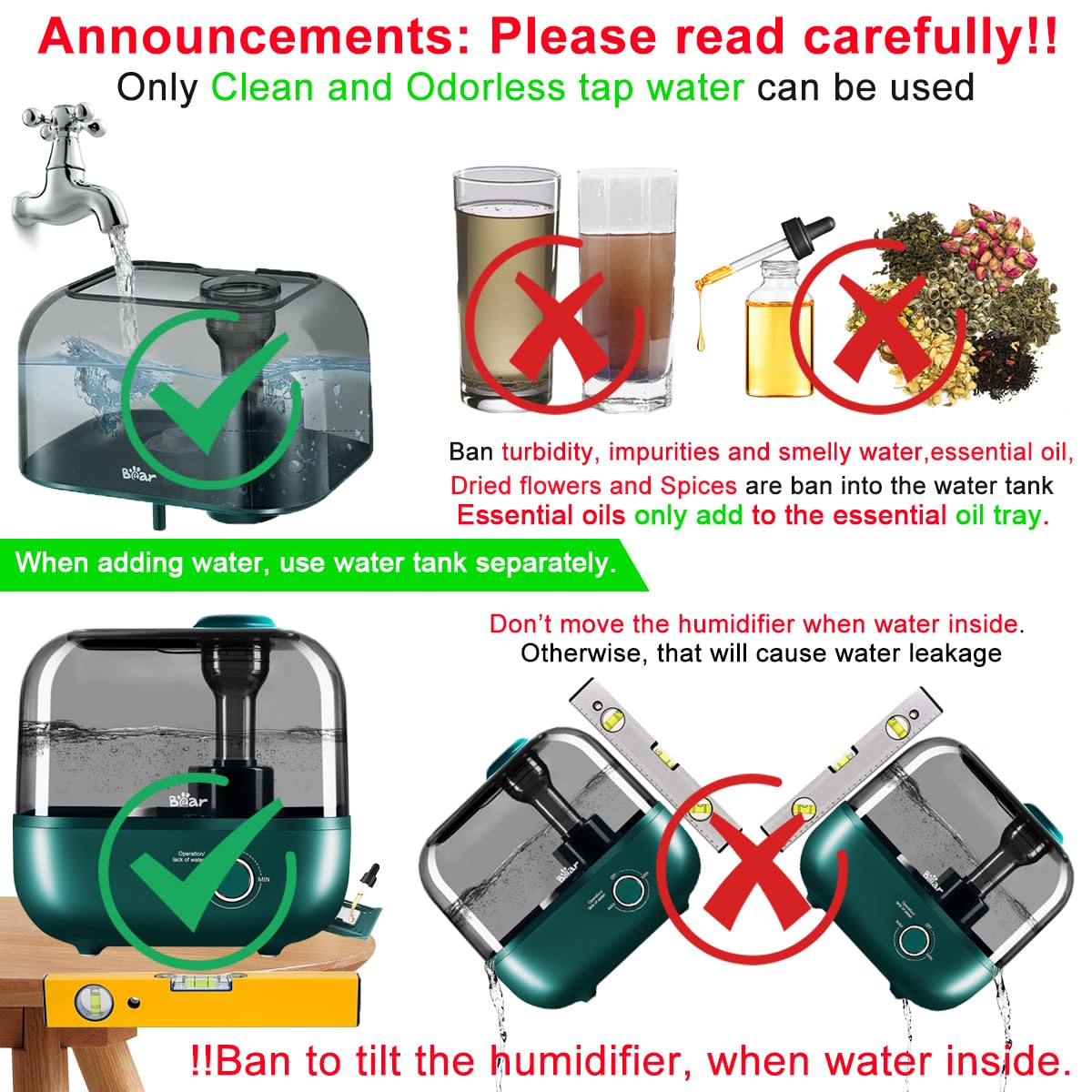 Bear 5L Humidifier for Room Moisture Essential Oil Allow 28dB Silent Humidifier for Plants Household Top Filling Ultrasonic Cool Mist Desktop Humidifier with 360° Steam Nozzle & Stepless Mist Adjust