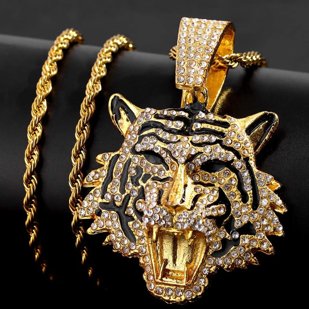 SANNIDHI Necklace for Men, Gold CZ Tiger Head Necklace, Punk Rock Roaring Tiger Men's Necklace, Alloy Shining Rhinestone Hip Hop Animal Jewelry Gift for Men - I'm the King