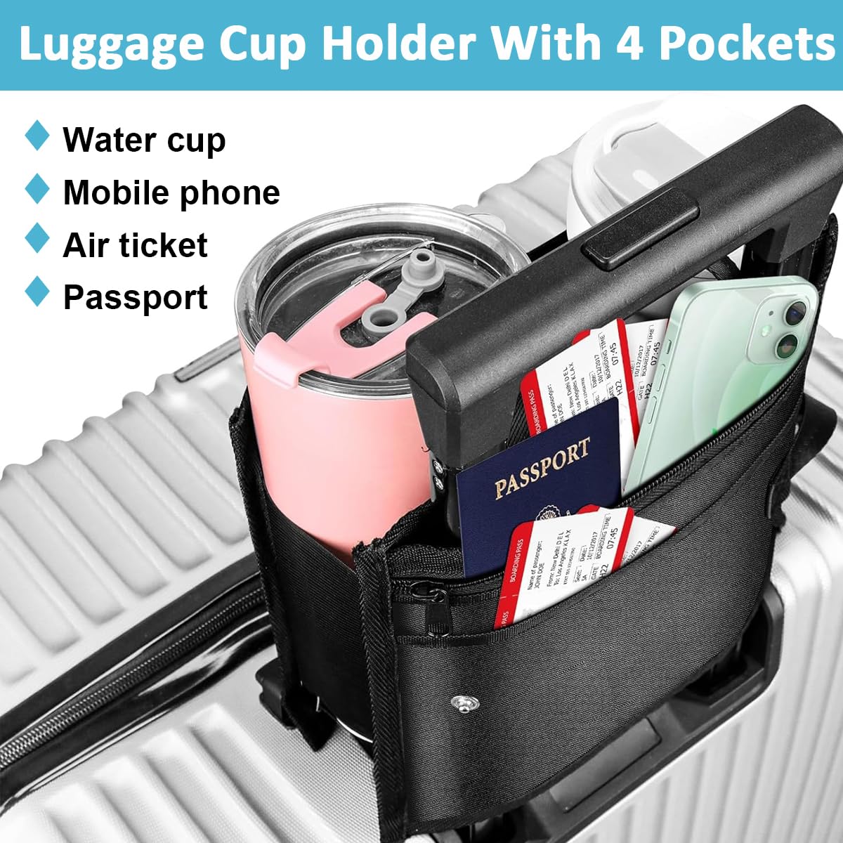 HASTHIP Travel Cup Holder for Luggage Dual Cup Oxford Cloth Coffee Cup Holder with Handle & Carabiner 2 in 1 Travel Cup Carrier Accessories Organizer Pouch for Coffee Cup, Water Bottle, Powerbank