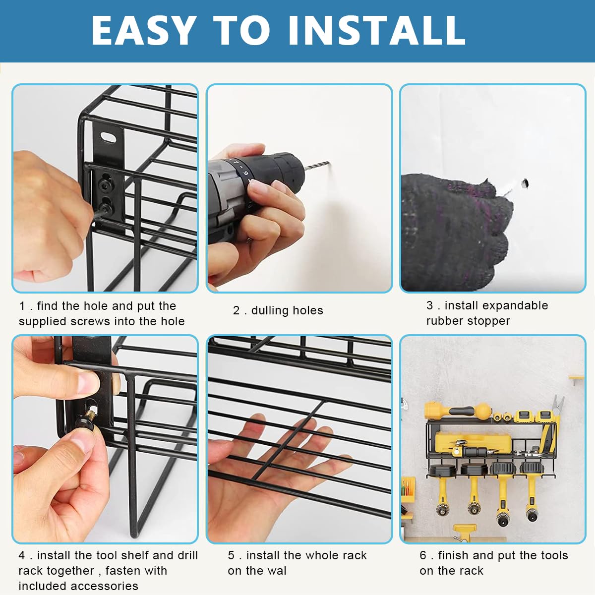 HASTHIP Electric Tool Organizer Rack Wall Mount, Metal Heavy Duty Floating Tool Shelf, 3 Layers Cordless Drill Storage Rack, Screwdriver and Drill Holder, Battery Rack for Garage