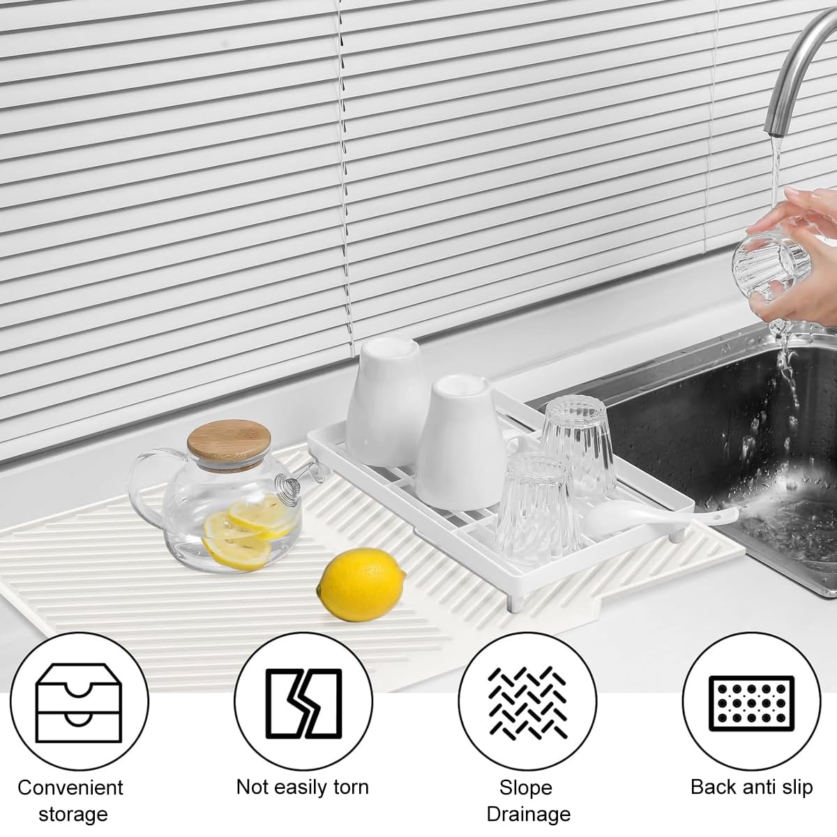 HASTHIP Kitchen Silicone Dish Drying Mat with Built-in Drain Lip, Heat-Resistant Silicone Mat for Kitchen Counter or Sink, Foldable Dish Drainer Mat Easy Clean Prevents Water - 19.9x16.7 inches