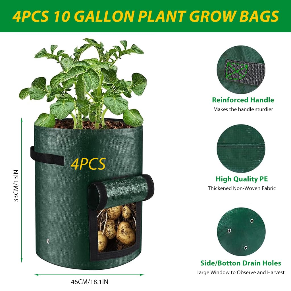 HASTHIP 4Pcs Vegetable Grow Bags Plant Pot Bags 10 Gallon Plant Grow Bags with Roll-up Side Flap & Handle Robust PE Plant Bags for Tomatoes, Peppers, Strawberries