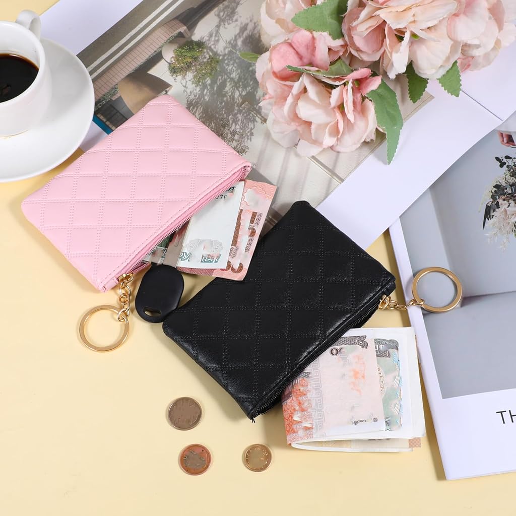 PALAY® Small Coin Purse 2Pcs Rhombus PU Zipper Coins Bag Portable Wallet Keychain Mini Coin Bags for Women & Men