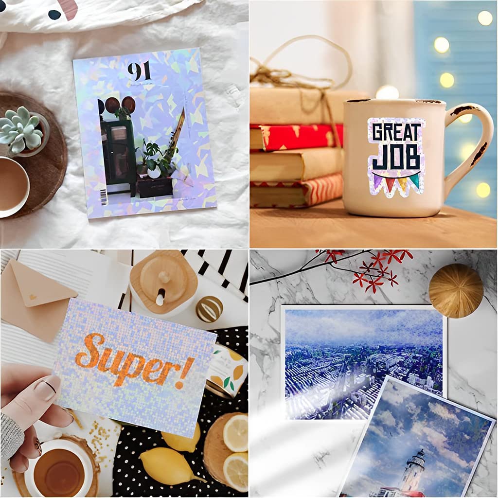 HASTHIP Holographic Sheet Self Adhesive Vinyl Sticker Photo Paper, Printable Laser Printing Paper A4 Waterproof Strong Foil Adhesive Backed Holo Vinyl for Inkjet Laser Printer -20 Sheets