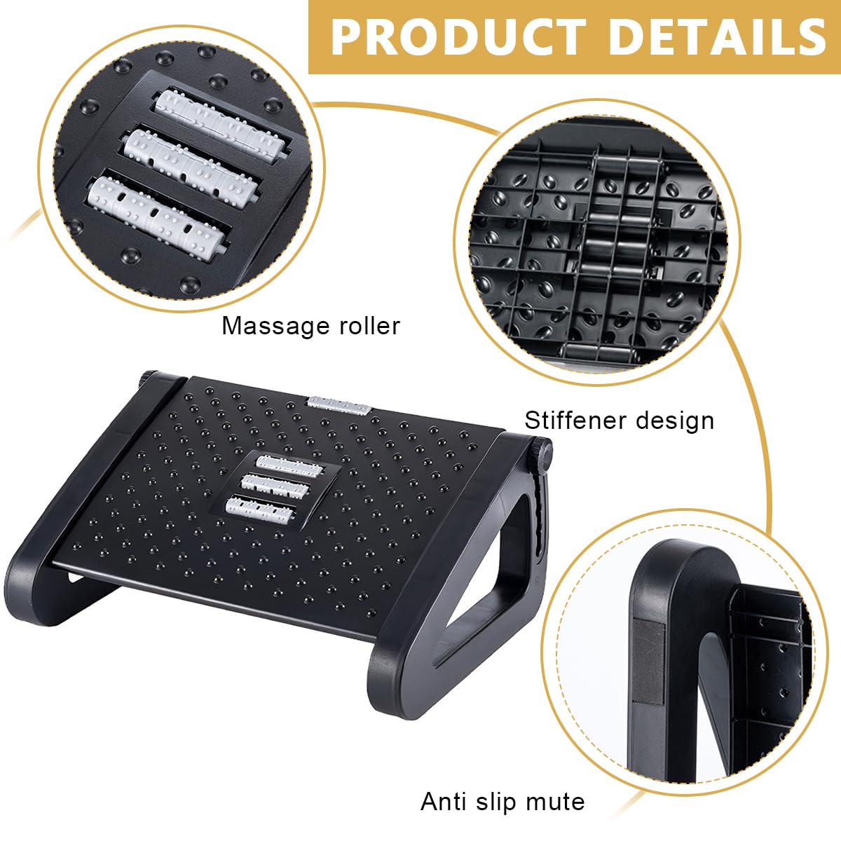 HASTHIP Adjustable Height Foot Rest, Foot Rest Under Desk with Massage Texture and Roller, Relieve Stiffness, Numbness, Promote Leg Circulation, Relieve Leg Pressure, Black