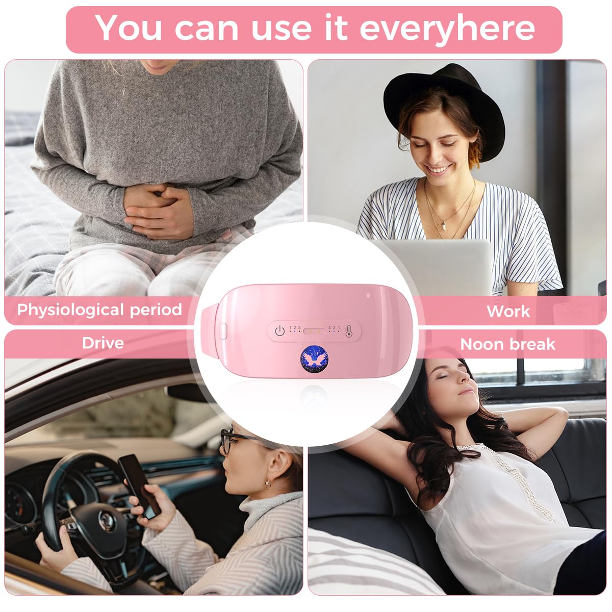 HANNEA Electric Heating Pad for Period Cramps Women, Girl Portable Cordless Back Pain Relief Belt, Belly Warmer Heating Pad with 3 Heat Levels & 3 Massage Modes Menstrual Heating Pad for Women - Pink