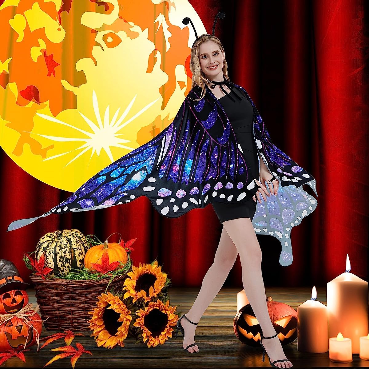 PATPAT Colorful Butterfly Wings Adult Butterfly Wings Cape for Girls Butterfly Costume with Butterfly Antenna Headband & Lace Mask Butterfly Wings Costume for Party, Halloween, Party Dress Up
