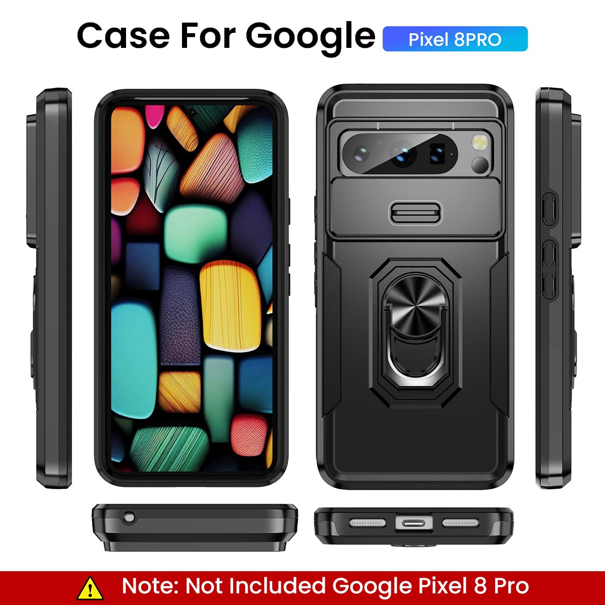 ZORBES Phone Case for Google Pixel 8 Pro 6.7'' Full Protection Phone Cover with Rotatable Kickstand Phone Grip & Sliding Camera Cover Anti-Scratch Phone Protective Case for Google Pixel 8 Pro Black