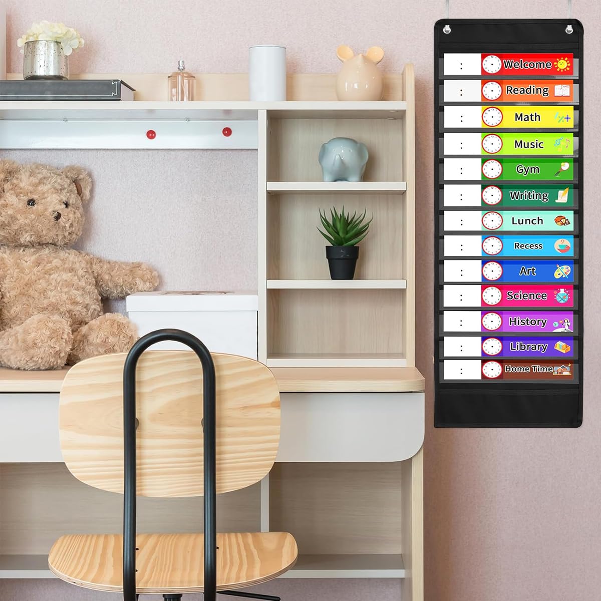 Climberty 13-Pocket Wall Hanging Classroom Schedule Chart with Color-Coded Subject Labels, Reusable Daily Class Schedule Reminder for Classroom Office Home Preschool Learning