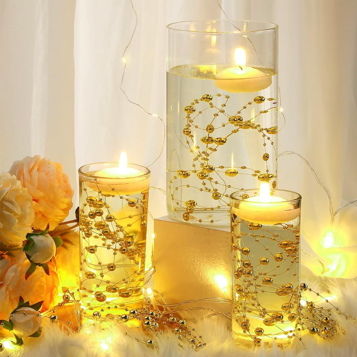 HASTHIP 25Pcs Pearl String for Floating Candles Centerpiece, Faux Pearl Beads Vase Filler for Wedding Table Décor, Gold