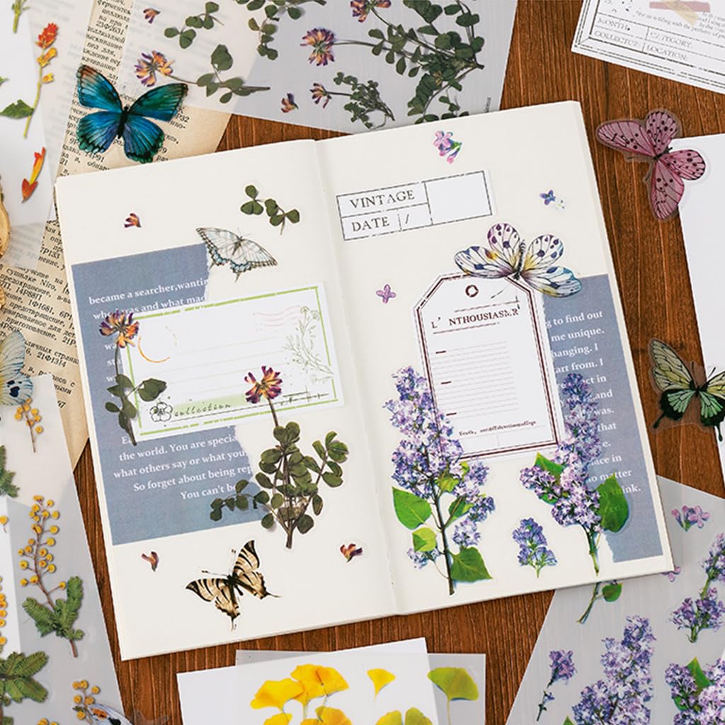 HASTHIP Flower Themed Stickers, Laminated Paper Stickers Versatile Decorative Stickers for Scrapbook Supplies Junk Journal Laptop (Assorted 270 Pieces, 20 Sheets Paper)