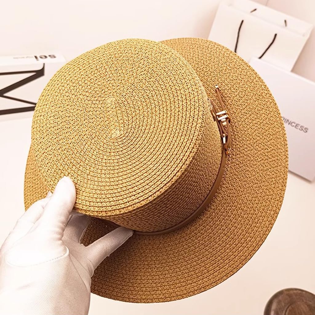 PALAY Straw Hat Bucket Hat for Women Flat Top Sun Hat Wide Brim Beach Hat for Women Ladies Foldable Summer Outdoor UV Protection Cap - Khaki