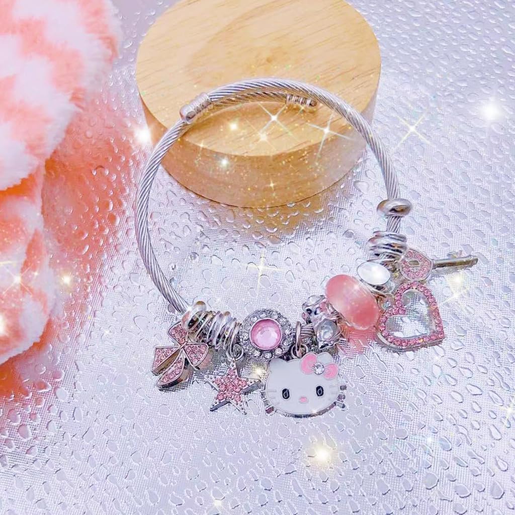 SANNIDHI Kawaii Girls Bracelet Cute Hello Kitty Bangle Pink Reshinestone Shining Girls Bangle Friendship Bracelet Stainless Steel Adjustable Hello Kitty Bangle for Girls Jewelry Gift for Girls