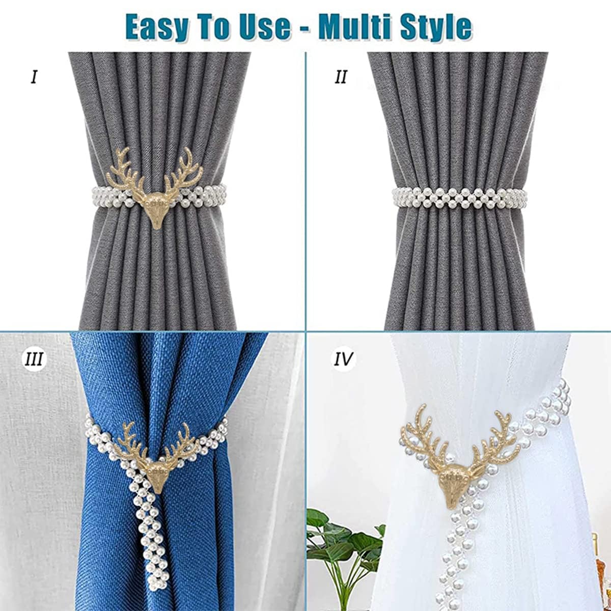 HASTHIP 2pcs Curtain Holders Tieback Metal TieBacks with Classy Small Pearl Elastic Rope Curtains Tie Backs for Home Office Hotel Window Drape Decor (Gold)