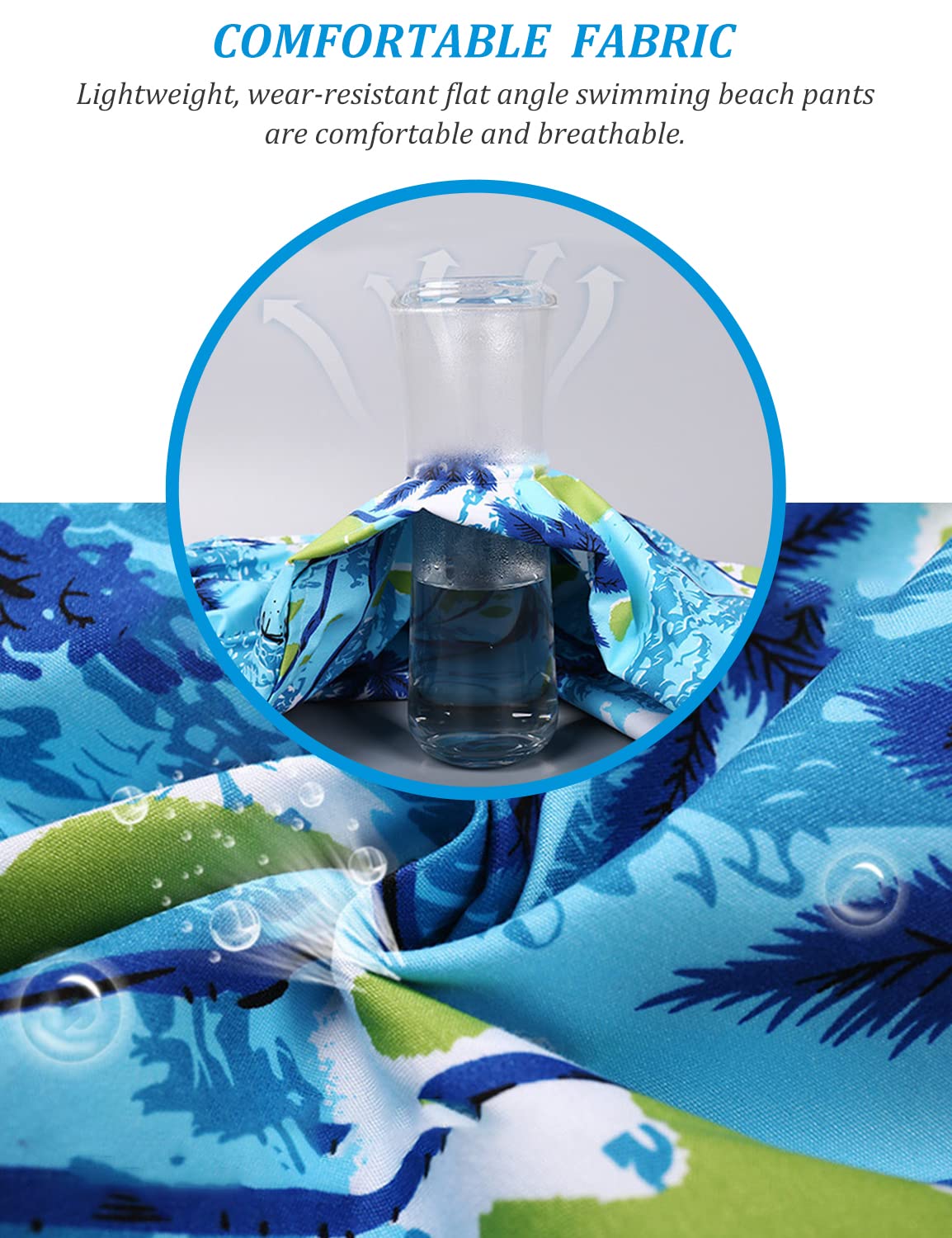 GUSTAVE Swimming Trunk for Men, Coconut Tree Print Swim Trunks for Men, Quick Dry Beach Trunk, Blue Knee Length Short Pants, Elastic Drawstring Closure (Size XL, Suit for 50-65kg)