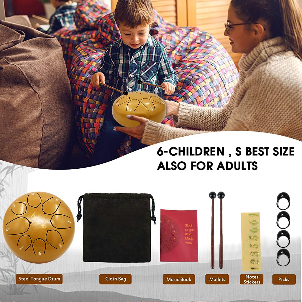 HASTHIP 6-inch Steel Tongue Drum 8 Note, Percussion Instrument Handpan Drum with Bag, Music Book and Mallets for Kids and Adults Meditation Musical Education Concert Mind Healing Yoga (Gold)